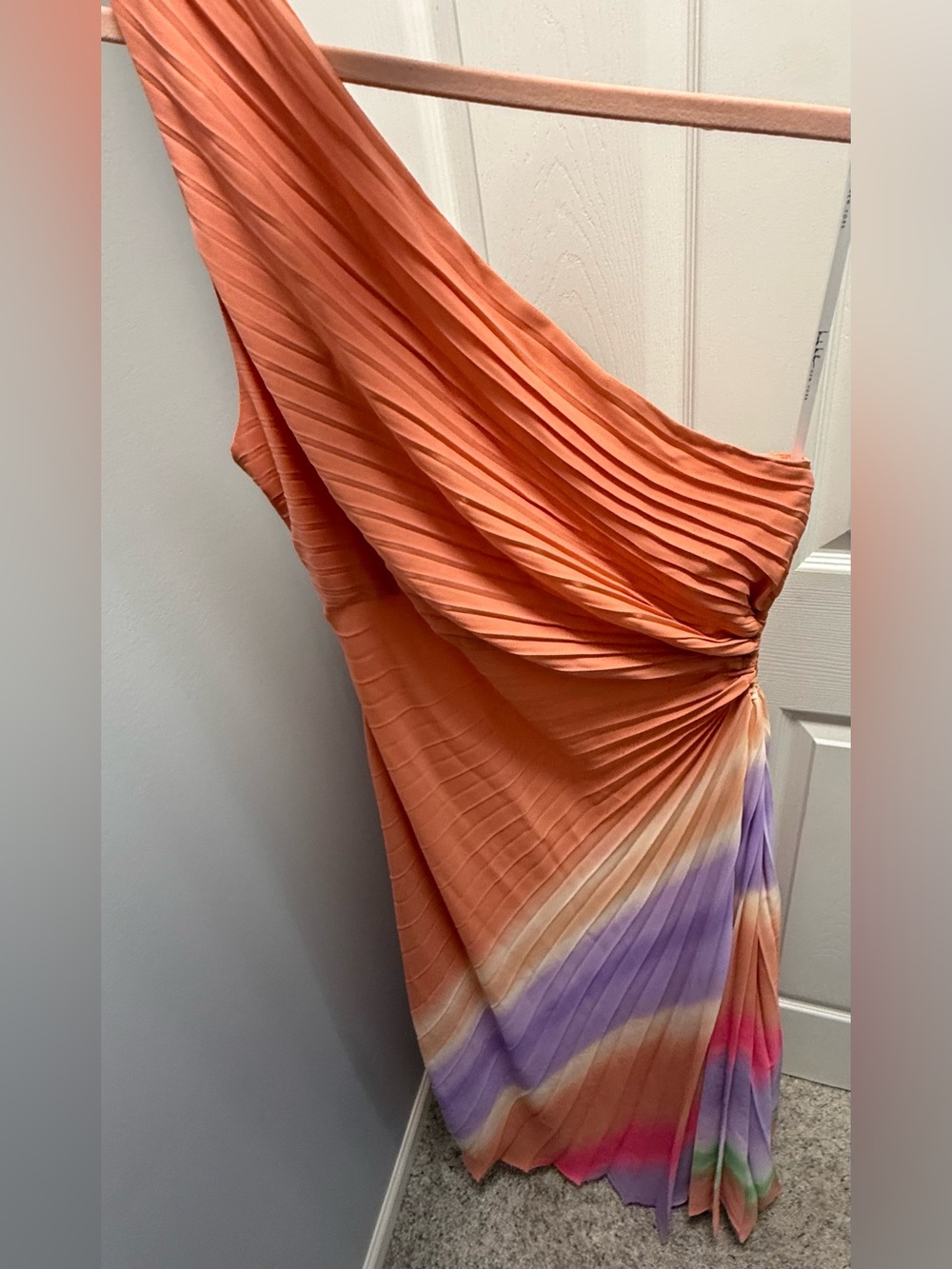 One-Shoulder Orange Ombre Pleated Midi Dress- size 14